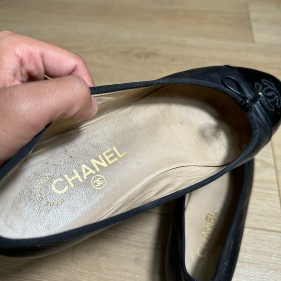 Chanel Black Leather Patent Cap Toe Ballerina Ballet Flats Size 10 Us. - Picture 7 of 10